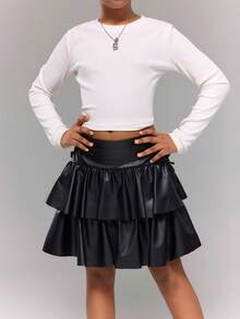 Tween Girls Casual Autumn/Winter Cute Bowknot Double Layer Cake Skirt - Black - View 4