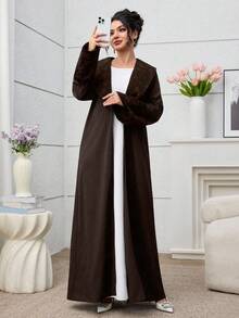 Yasmyna Elegant Black Jacquard Splice Solid Color Robe Abayas - Brown - View 5