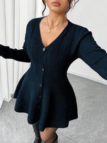 Elenzga Plus Size Fall Solid V-Neck Button Placket Peplum Hem Cardigan - Navy Blue - View 5
