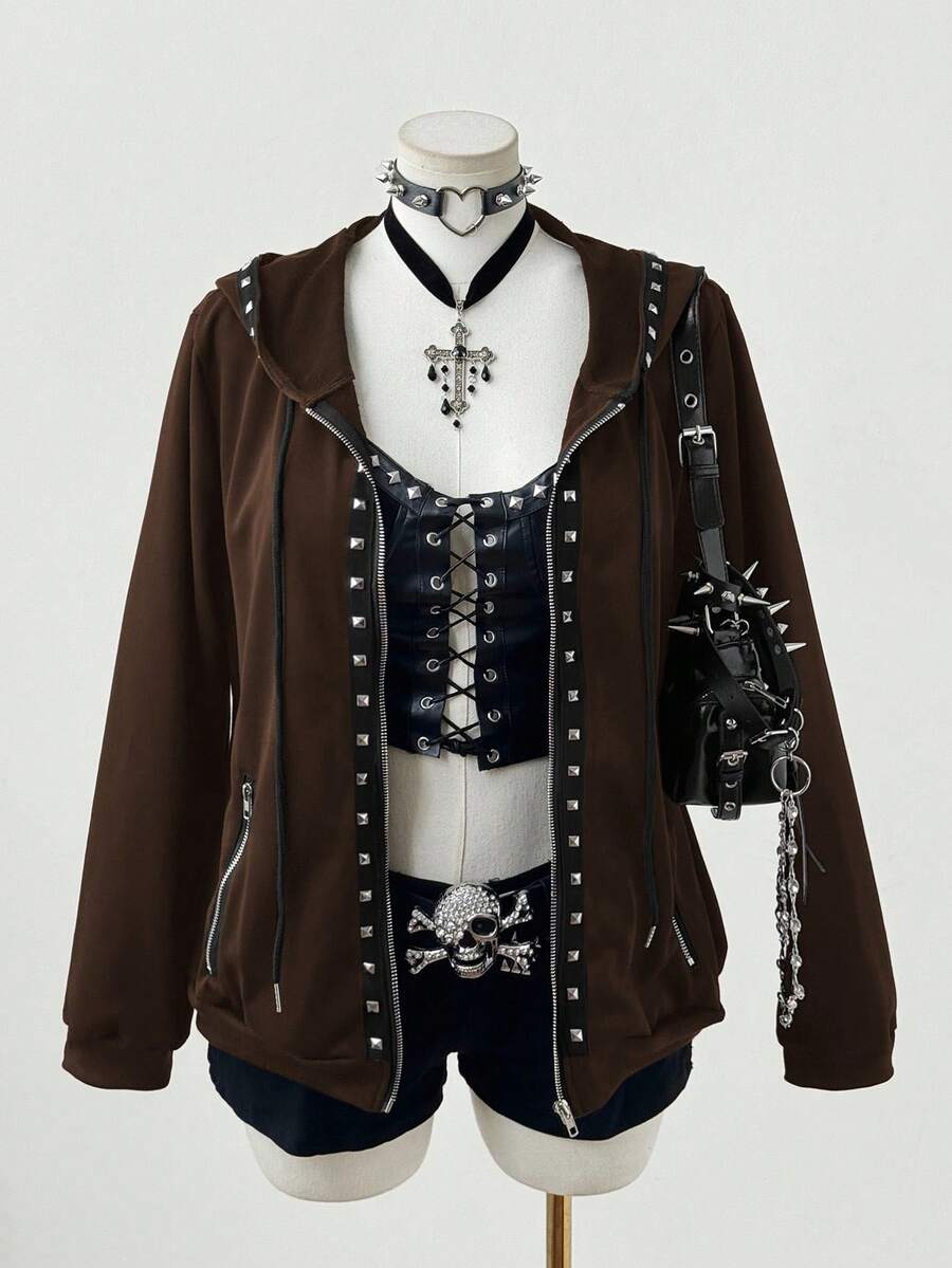 Sunspun Chaqueta con capucha de manga larga con remaches de estilo punk oscuro de moda para tallas grandes - Marrón - Ver 1