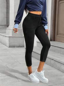 Flexra Women's Solid Color Elastic Skinny Pocket Casual Capri Jeans - Black - View 7