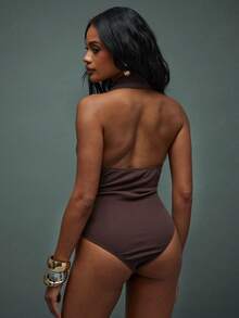 Hauture Women's Sexy Casual Going Out Low Back And Halter Fold Over Collar Rib Bodysuit - Brown - View 3