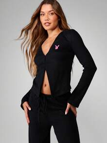 Missguided x Playboy 圣诞罗纹V领开衫搭配阔腿裤 - 黑色 - 查看 1