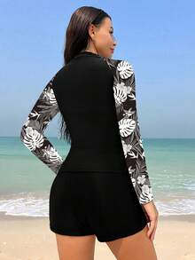 Swim SPRTY 女士热带印花拼布防晒衣长袖短裤套装，适合海滩、度假、冲浪 - 黑與白 - 查看 2