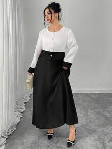 Modelyn 2 piezas Conjunto de Mujer Talla Grande: Chaqueta de Manga Larga con Encaje de Contraste Negro Emparejada con Falda, Elegante y de Moda - Negro - Ver 3