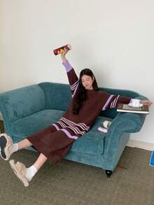 DAZY Striped Loose Long Sleeve Knitted Nightgown, Women Sleepwear Dress For Autumn/Winter Pajama - Brown - View 6
