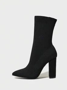 Daringsoles Women's Pointed Toe Chunky High Heel Elastic Ankle Boots, -On Knit Tight Socks Boots, Black For Christmas - Black - View 5