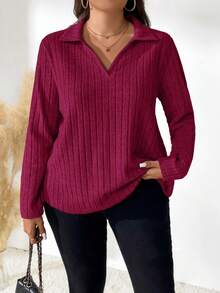 EMERY ROSE Camiseta casual de manga larga de unicolor acanalada para mujer de talla grande, otoño - Rosa Fucsia - Ver 4