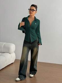 SHEIN TRNDY 女式修身长袖单排扣刺绣骑士图案衬衫 - 墨綠色 - 查看 4