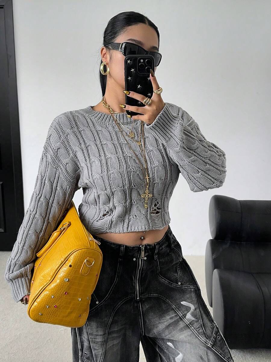 POPSWAY Plus Size Women Casual Daily Commute Simple Solid Color Drop Shoulder Loose Distressed Cropped Cable Knit Sweater, Autumn/Winter - Grey - View 1