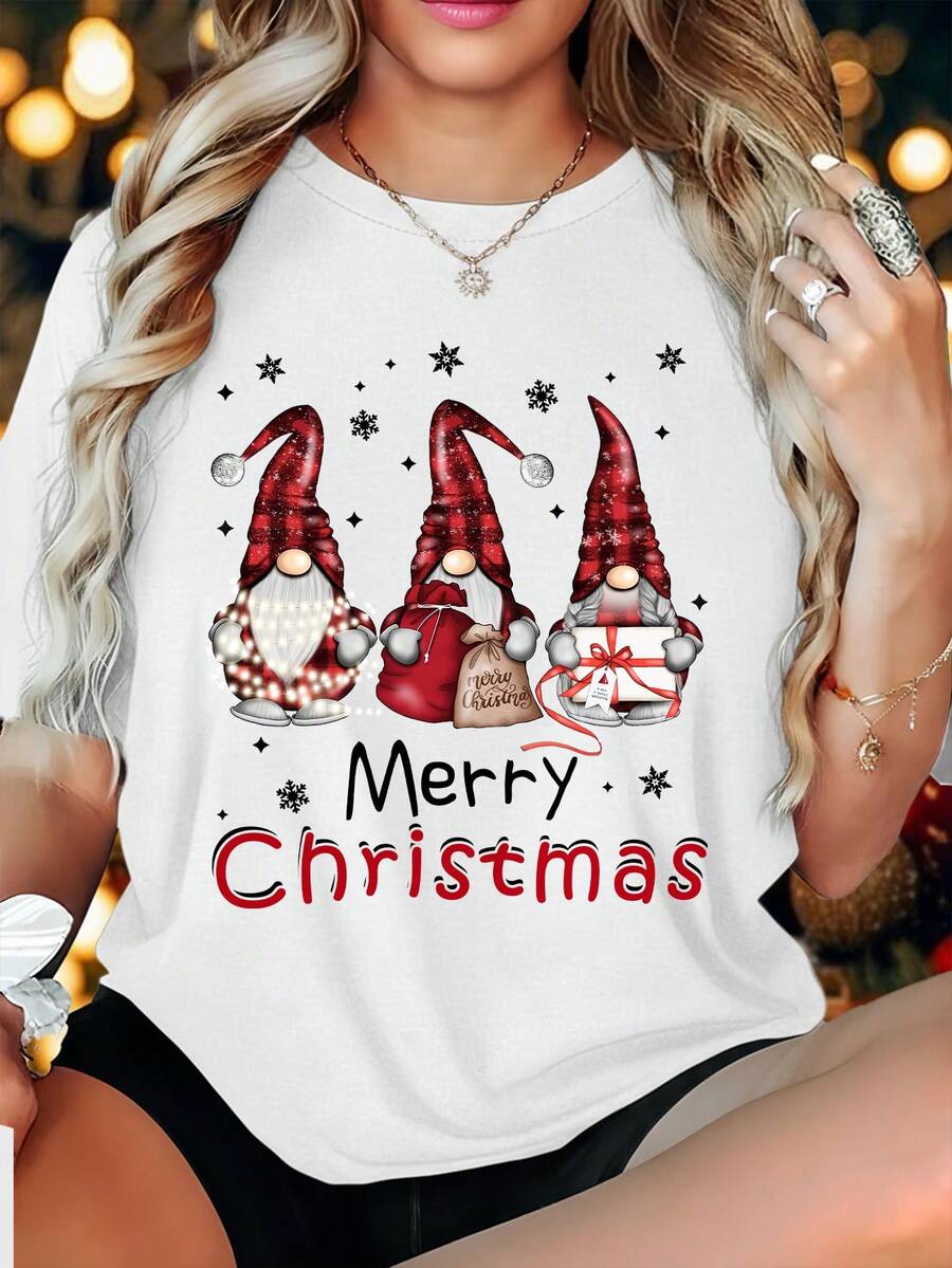 EMERY ROSE Camiseta de manga corta con cuello redondo casual con estampado de enano navideño para mujer - Blanco - Ver 1