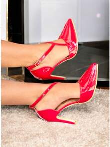 Zapatos de mujer recubierto brillante punta fina correa en empeine tacón delgado estilo elegante para oficina y fiesta - Rojo - Ver 1