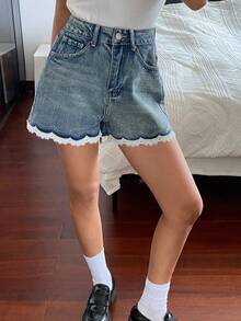 DAZY Women's Contrast Color Lace Patchwork Denim Shorts, Casual Summer Shorts Y2k Jorts - Medium Wash - View 2