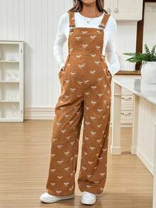 SHEIN Pregnant Women's Autumn Bow Embroidery Pocket Design Casual Jumpsuit