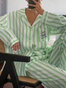DAZY Striped Cute Bear Print Decor Loose Pajamas Set, Fall Winter Clothes - Green - View 6