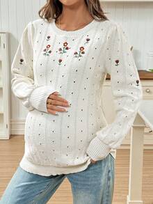 SHEIN 孕妇休闲花卉刺绣毛衣，秋季 - 杏色 - 查看 8