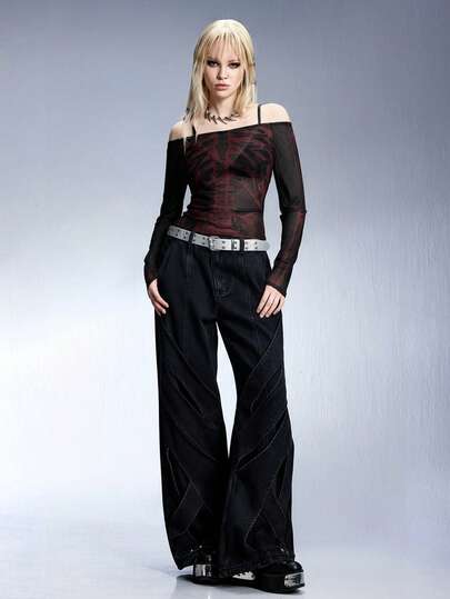 Grunge Punk Top transparent à l'épaule dénudée avec imprimé squelette, style punk sexy pour femmes