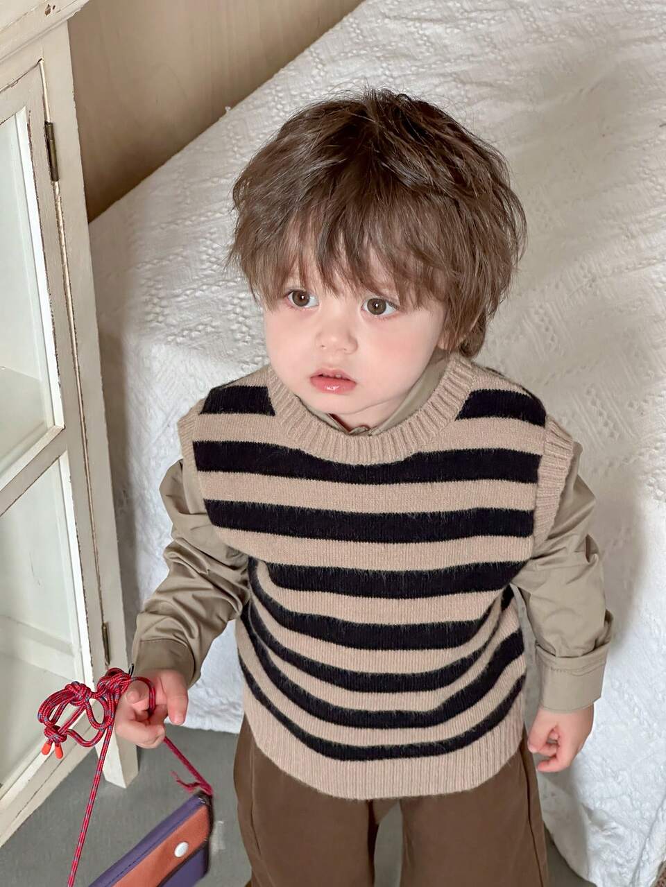 Baby Boy Striped Crew Neck Casual Knit Vest, Autumn/Winter Toddler