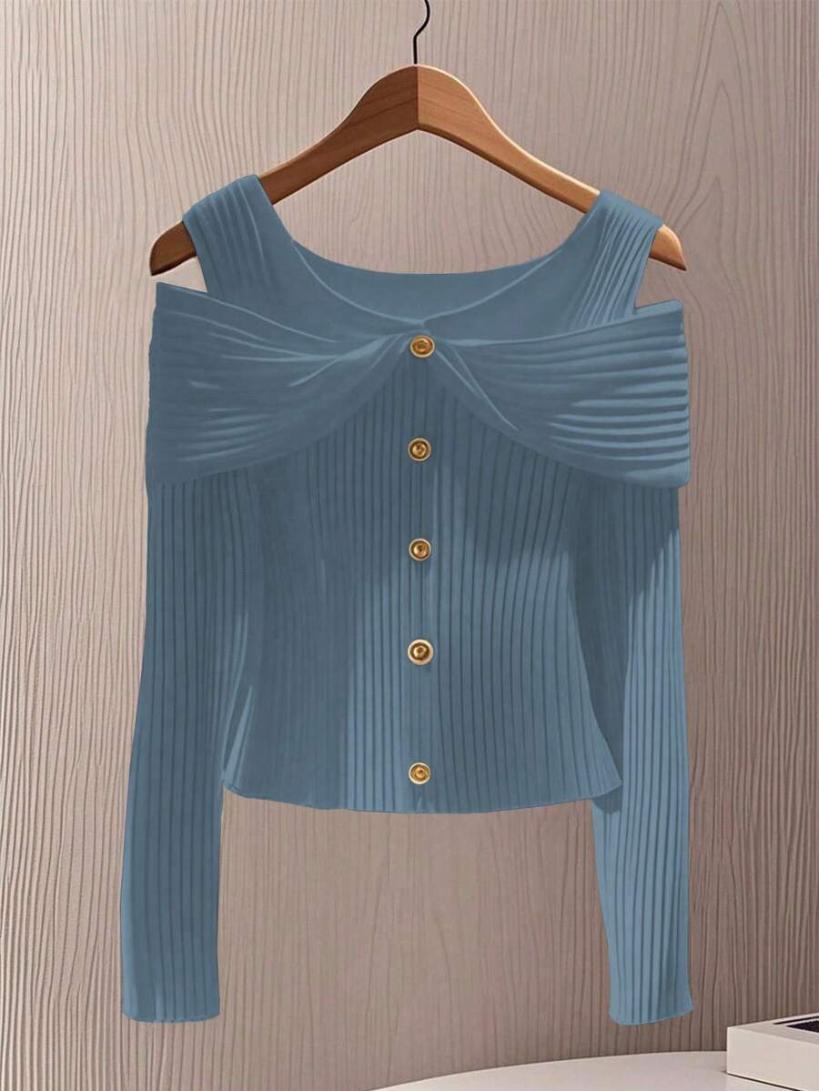 GlowEve Women's Elegant Solid Color Ribbed Off-Shoulder Long Sleeve T-Shirt - Dusty Blue - View 1