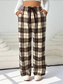 Solflare Pantaloni casual a gamba dritta in tartan rosso, taglio speciale, per donne taglia curvy, adatti per l'inverno