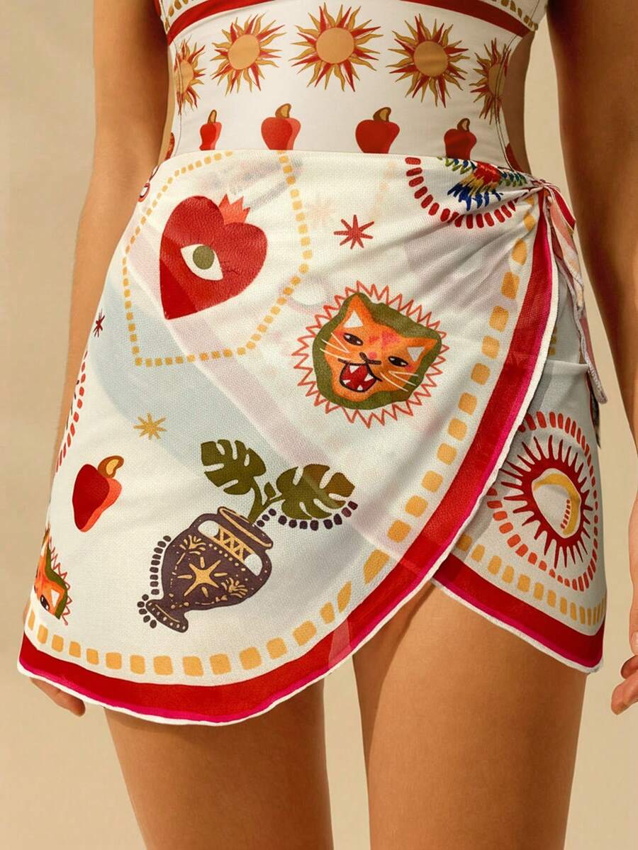 CAJUNI 女士波西米亚风豹纹、蛇纹、龟背竹纹、太阳和月亮印花，休闲夏季沙滩游泳裹身裙罩衫 - 杏色 - 查看 1