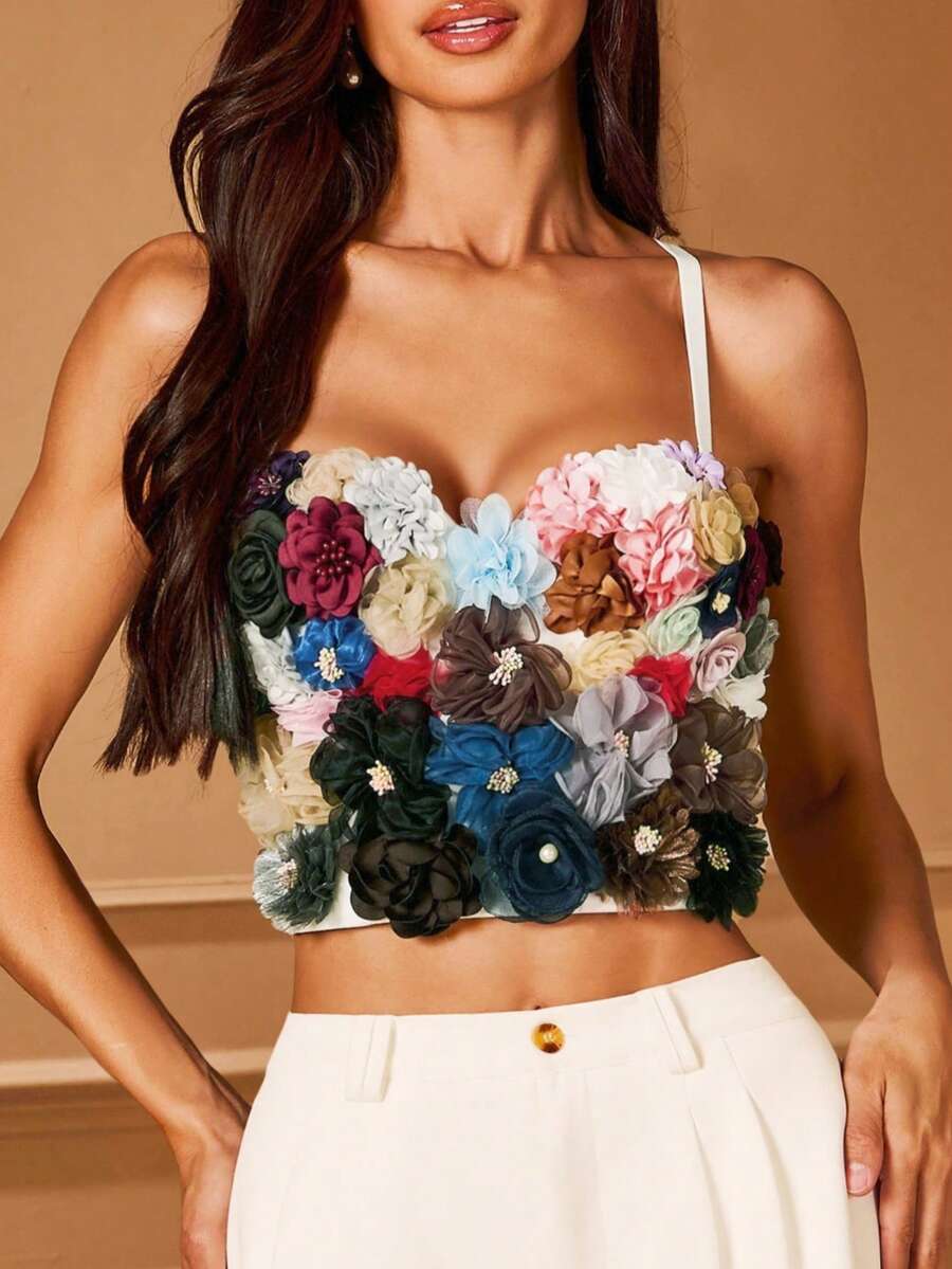 Lilora Women's Three-Dimensional Floral Decoration Fitted Cropped Camisole Corset Top,Suitable For Valentine's Day, Retro, Date Night, Formal Events, Comfortable, Casual, Outdoor,Business, Retro, Outing, Old Money,Siren Coquettish,  Cruise Attire, Commuting,  Richly Layered, Date Night, Gathering, Minimalism, Birthday, Formal Event, Break, Modest, Chic, Casual, Shopping, Street Wear, Going Out,Autumn Winter, Built-In Bra
