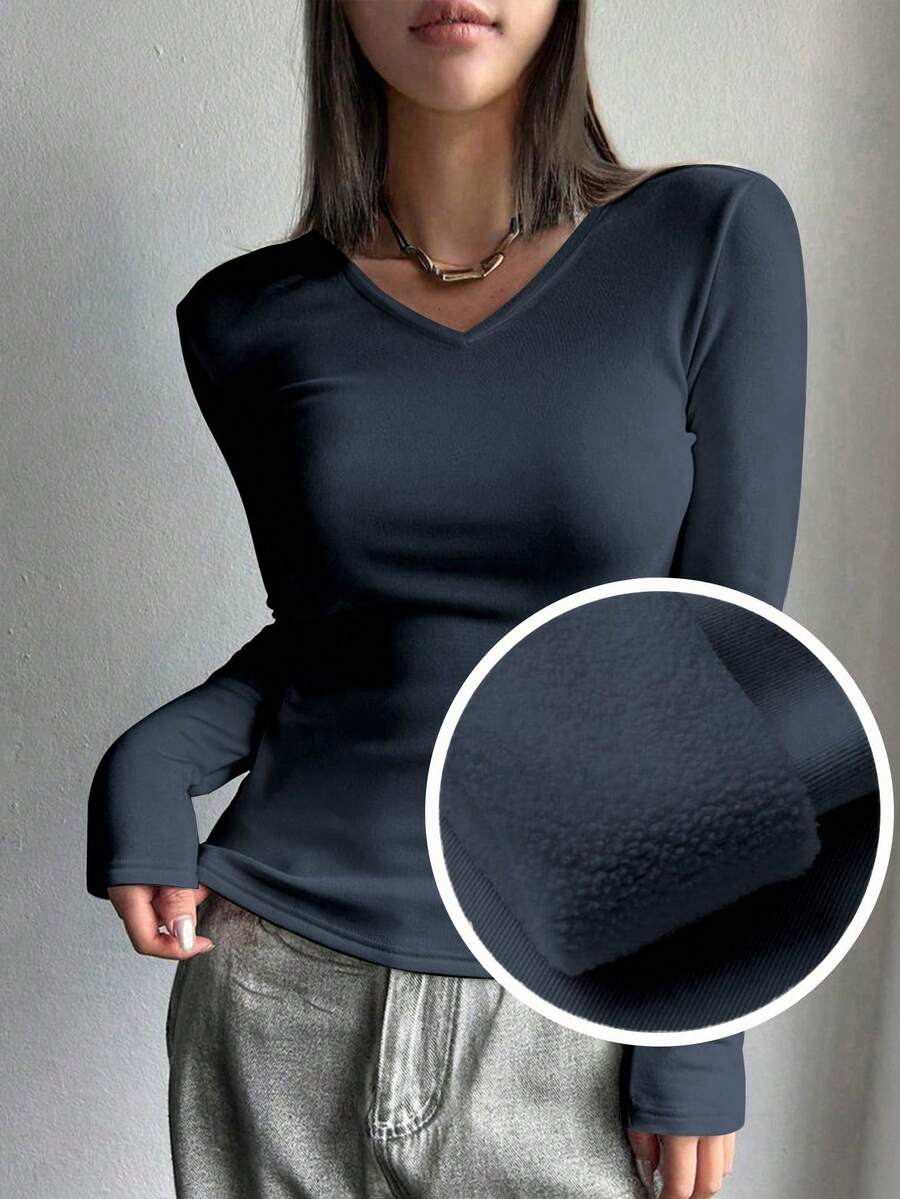 FRIFUL 女款秋冬純色V領長袖保暖內裡修身休閒T恤 - 藍色 - 查看 1