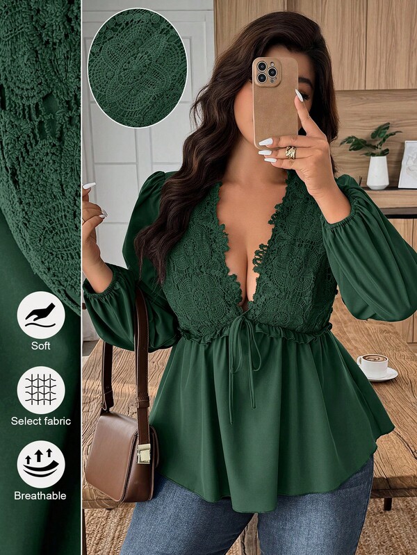 Weeklong Blusa de moda sexy con cuello en V profundo, mangas farol y empañe de encaje para mujer de talla grande