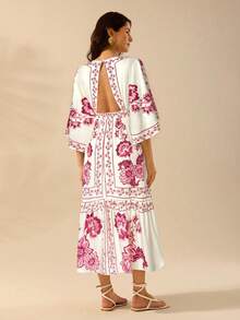 CAJUNI Váy maxi mùa hè hở lưng, cổ chữ V, tay cánh dơi, họa tiết hoa nhiệt đới theo phong cách Bohemian dành cho nữ, màu đỏ, váy maxi mùa hè, phong cách trang trại. - Hồng - Xem 2