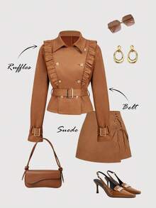 SHEIN MOD Abrigo de trinchera de mujer con cuello con solapas, volantes decorativos y cinturón de doble botonadura, estilo vintage de moda callejera de otoño