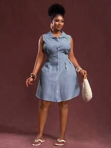 Veslaya 春夏新款大码女式优雅通勤休闲办公室无袖收腰条纹梭织短款衬衫裙 - 寶藍色 - 查看 6