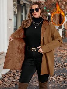 SHEIN Clasi 秋冬大码休闲纯色羊毛连帽衫 - 棕色 - 查看 8