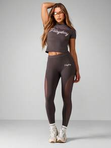 Missguided x Playboy Mesh-Panel Schnitt Aktiv-Set aus Leggings und Crop Top für Fitness-Training