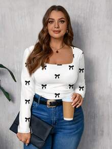 EMERY ROSE Plus Size Women Casual Bow Print Long Sleeve Square Neck T-Shirt,Flower/Spring/Summer/Vacation Fall - Multicolor - View 5