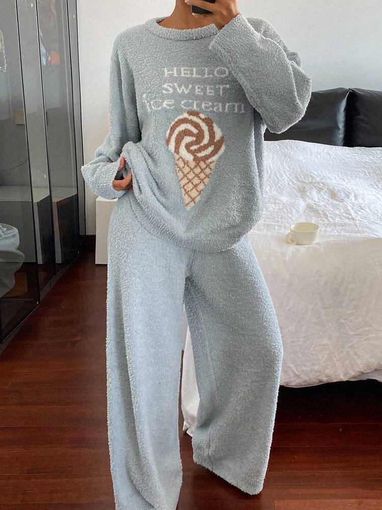 2pcs Ice Cream Print Fleece Knit Loose Pajama Set Women Fall,Winter Clothes, Fluffy, Cozy