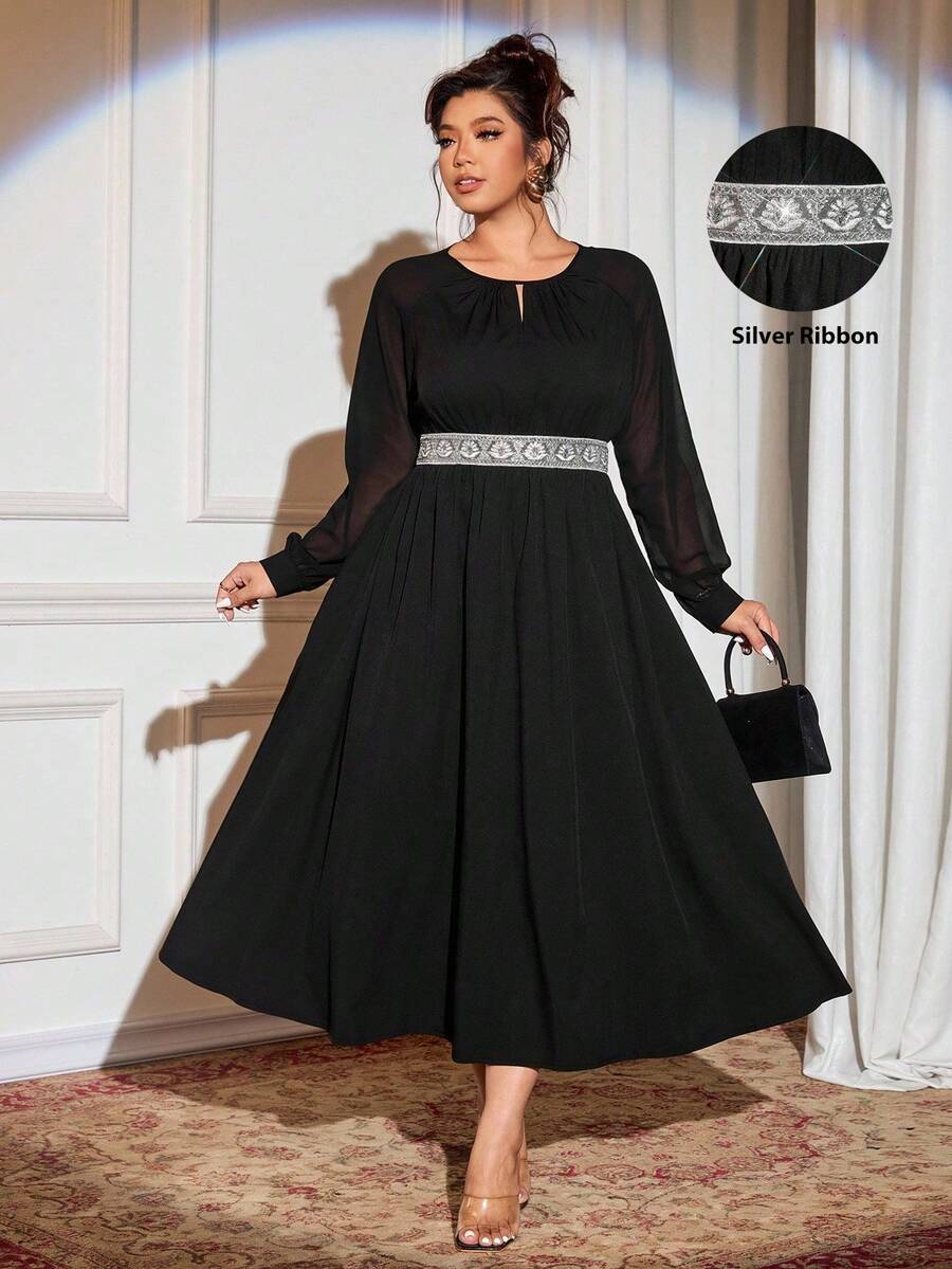 Cravure Plus Size Women Elegant Black Autumn Formal Dinner Evening Chiffon Teardrop Neck Tie Lantern Sleeve Lace Embroidery Sequin Waist Decor Maxi Dress - Black - View 1