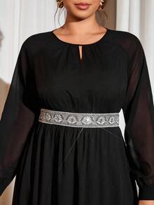 Cravure Plus Size Women Elegant Black Autumn Formal Dinner Evening Chiffon Teardrop Neck Tie Lantern Sleeve Lace Embroidery Sequin Waist Decor Maxi Dress - Black - View 3