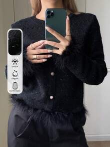 DAZY Áo len cardigan dáng rộng, trang trí chắp vá, mềm mại, thanh lịch dành cho nữ, thích hợp mặc đi làm, mùa thu/đông - màu đen - Xem 1