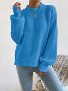 EMERY ROSE Women's Bright Blue Round Neck Drop Shoulder Lantern Sleeve Wool Blend Pullover Sweater - Blue - View 4