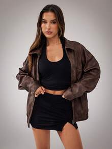 SHEIN BAE 女款復古深棕色人造皮革夾克，落肩寬鬆拉鍊PU仿舊斑駁紋理外套，適合冬季、街頭穿搭、夜生活造型 - 棕色 - 查看 4