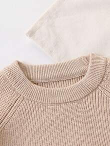 2pcs/Set Toddler Boys' Knitted Crew Neck Sweater Set,Infant Fashion Letter Embroidery Long Sleeve Top+Knit Pants,Beige Autumn Modest Holiday Outfit - Khaki - View 3