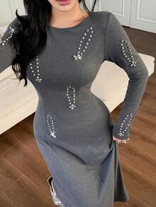 Feyla 女士时尚通勤长款水晶装饰连衣裙 - 深灰色 - 查看 1