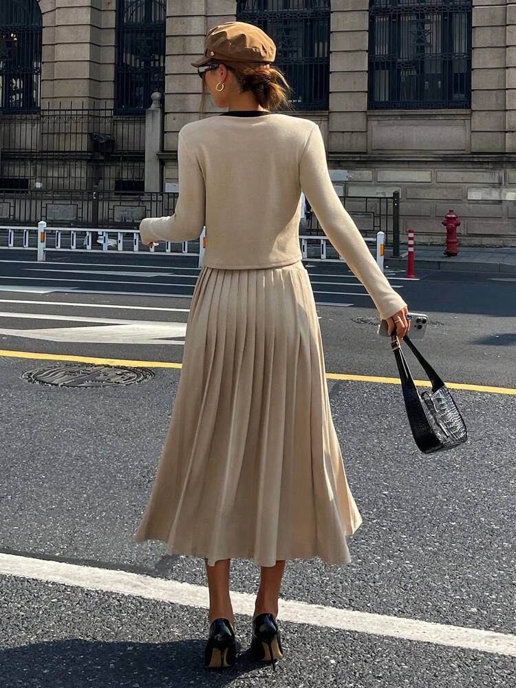 Women's Elegant Contrast Color Cardigan & Pleated Skirt 2 Pieces Set, Autumn