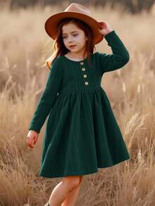 Emery Rose Kids Emery Rose Kids 女童純色長袖羅紋連身裙，前襟鈕扣設計，適合秋冬穿著 - 綠色 - 查看 2