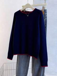 Franclia Casual Loose Fit Round Neck Long Sleeve Knitted Contrast Trim Raglan Sleeve Apricot Women Pullover Sweater, Spring/Autumn, Christmas - Navy Blue - View 3