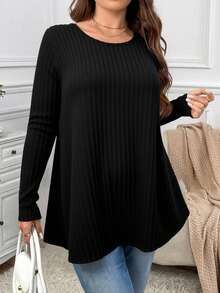 Firerie Plus Size Solid Color Ribbed Knit T-Shirt,Long Sleeve Jumper Sweater Tunic,Black,Autumn,Smart Casual,Everyday Casual Spring Top For Women - Black - View 3