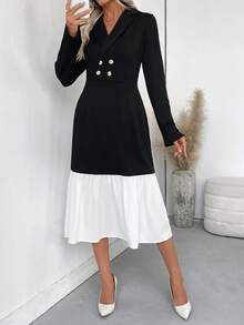 SHEIN LUNE Farbblockkleid mit Doppelreiher, Rüschensaum und eleganten Langärmeln - Schwarz und Weiss - Übersicht 5