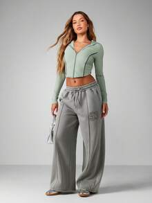Missguided x Playboy Sage Zip Up Hooded Sports Jacket With Contrast Panel Details And Drawstring Hood - Green - View 3