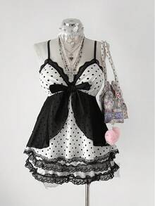 Sunspun Plus Size Women Polka Dot Patchwork Lace Bow Camisole Kawaii Alt Cute - Black and White - View 8