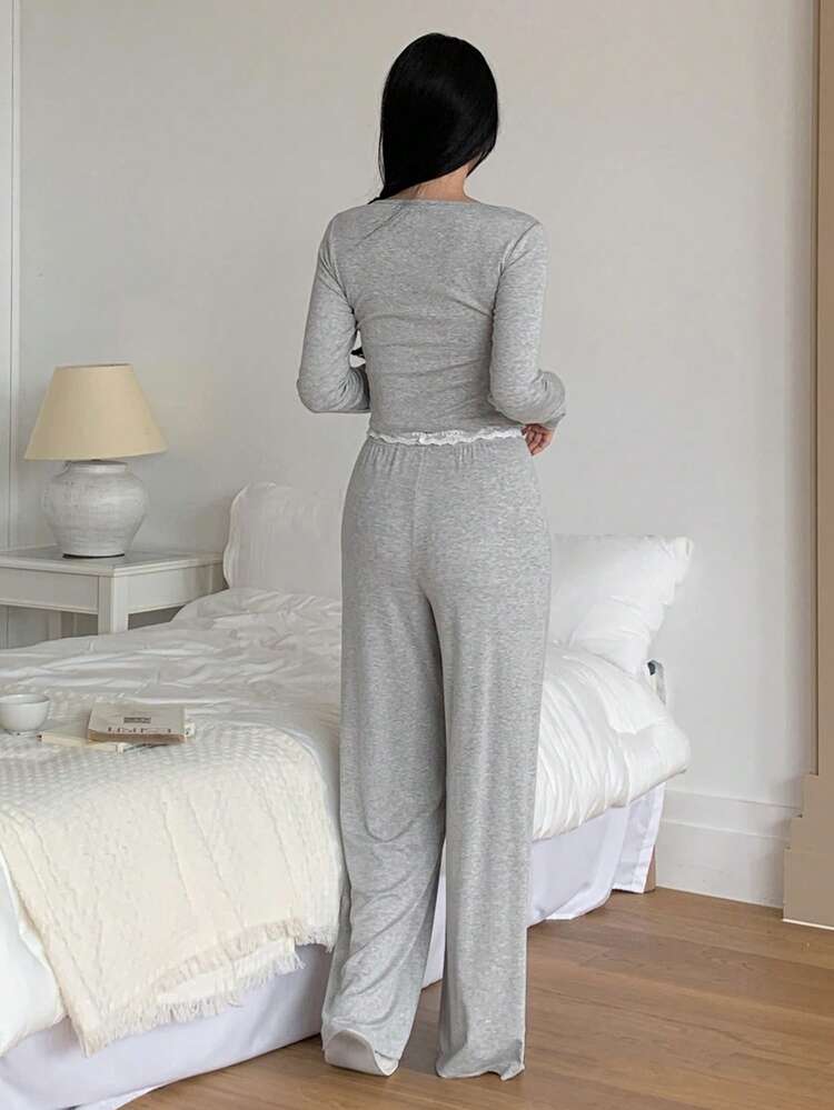 Comfortable Knit Lace Patchwork Collar Women Lounge Set Fall Winter Clothes